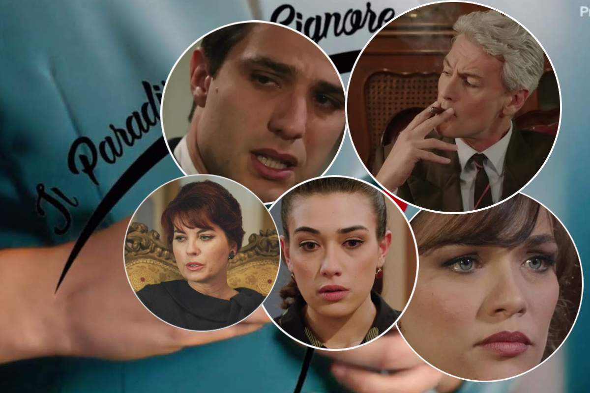 Il logo de Il Paradiso delle Signore e, in evidenza, alcuni dei protagonisti della soap